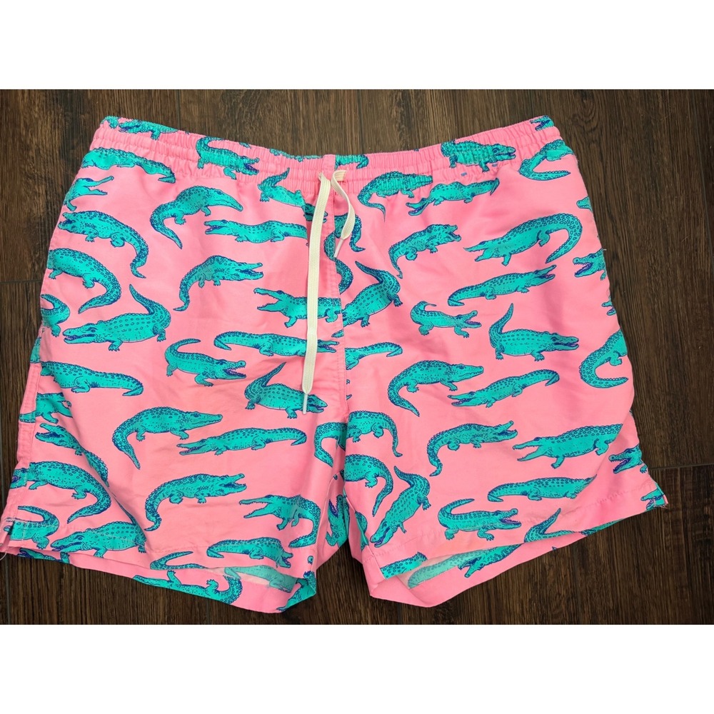 Chubbies Mens Pink Teal Alligator Print Swim Trunks Mesh Lined Shorts